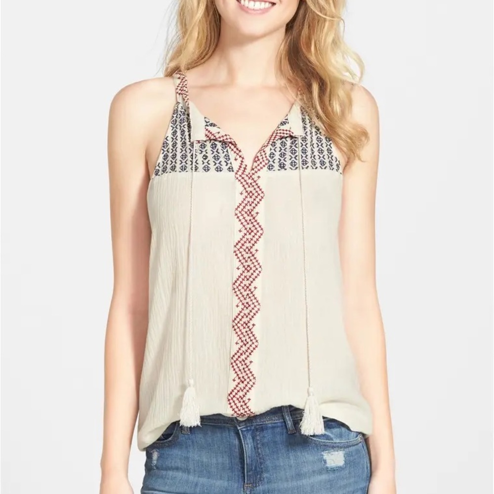 NWT Embroidered Cotton Gauze Split Neck Tank